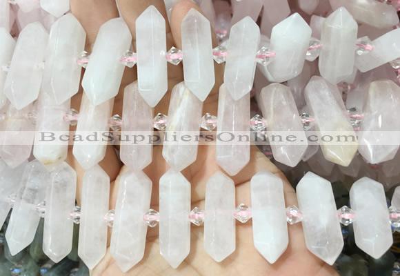 CBBS132 Centre drilled 6*20mm - 11*35mm hexahedral prism rose quartz beads