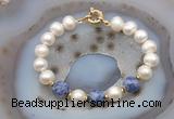 CFB1063 Hand-knotted 9mm - 10mm potato white freshwater pearl & blue spot stone bracelet