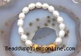 CFB914 9mm - 10mm rice white freshwater pearl & golden tiger eye stretchy bracelet