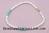 CFN325 9 - 10mm rice white freshwater pearl & amazonite necklace wholesale
