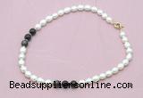 CFN338 9 - 10mm rice white freshwater pearl & golden obsidian necklace wholesale