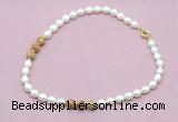 CFN355 9 - 10mm rice white freshwater pearl & picture jasper necklace wholesale