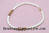 CFN356 9 - 10mm rice white freshwater pearl & wooden jasper necklace wholesale
