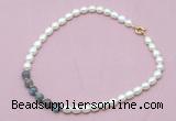 CFN418 9 - 10mm rice white freshwater pearl & labradorite necklace