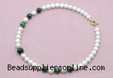 CFN768 9mm - 10mm potato white freshwater pearl & green tiger eye necklace