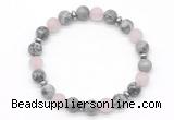 CGB8157 8mm grey picture jasper, matte rose quartz & hematite power beads bracelet