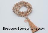 GMN1804 Knotted 8mm, 10mm sunstone 108 beads mala necklace with tassel & charm