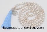 GMN1857 Knotted 8mm, 10mm faceted Tibetan agate 108 beads mala necklace with tassel & charm