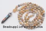 GMN2602 Hand-knotted 8mm, 10mm matte yellow crazy agate 108 beads mala necklace with pendant