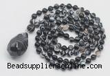 GMN4843 Hand-knotted 8mm, 10mm black banded agate 108 beads mala necklace with pendant