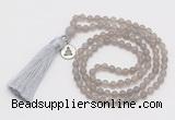 GMN5710 Hand-knotted 6mm matte grey agate 108 beads mala necklaces with tassel & charm
