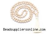 GMN8414 8mm, 10mm white fossil jasper 27, 54, 108 beads mala necklace with tassel