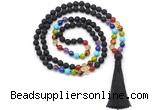 GMN8615 Hand-knotted 7 Chakra 8mm, 10mm black lava 108 beads mala necklace with tassel